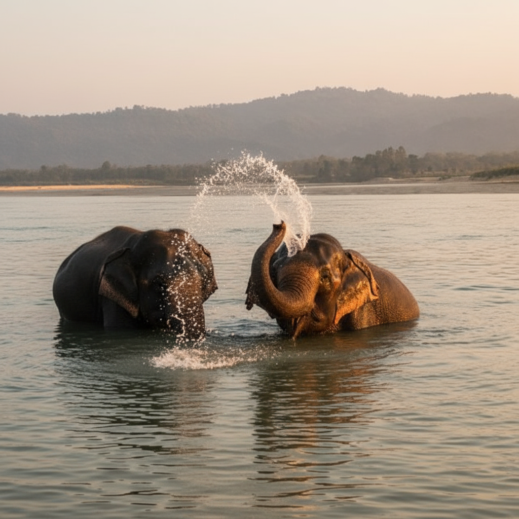 Elephants bathing in river at sunset